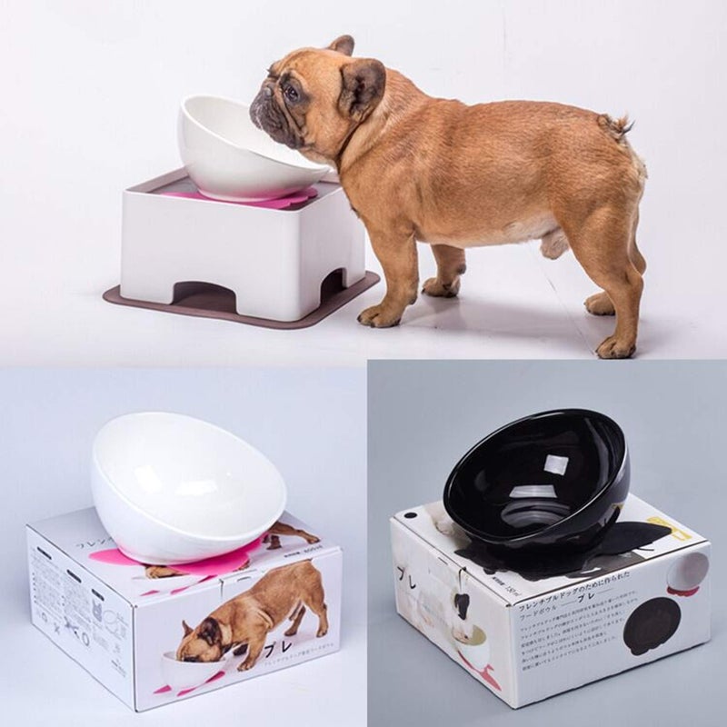 JYHY Bulldog Bowl Ceramic Dog Food Bowl - Cat Dish Wide Mouth Dog Bowl Pet Sterile Tilted Pet Feeder with Anti-Skid Rubber Mat (White M/1.5 Cup) - Image 4